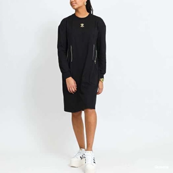 Adidas Athletic Black Long Sleeve Midi Dress with Gold Zipper and Logo Accents - Picture 1 of 11